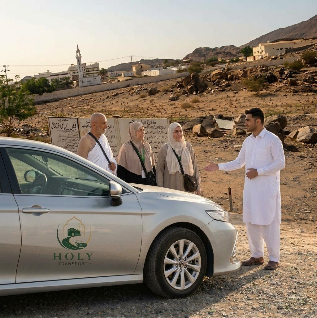 Holy Transport driver with Umrah pilgrims beside a Holy Transport Toyota Camry on a Ziyarat tour